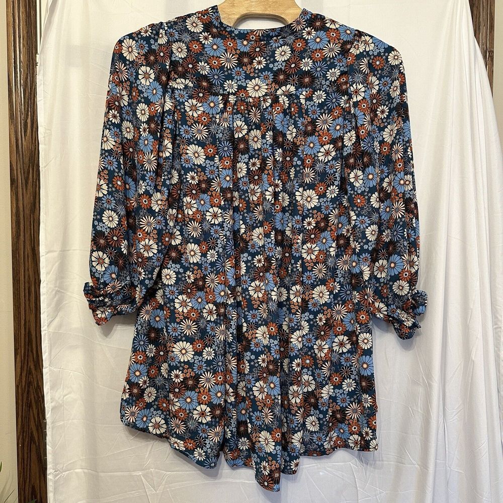 Umgee Size Medium VNeck Blue Orange Floral Boho Mini Dress Tunic Top Long Sleeve - Picture 3 of 5